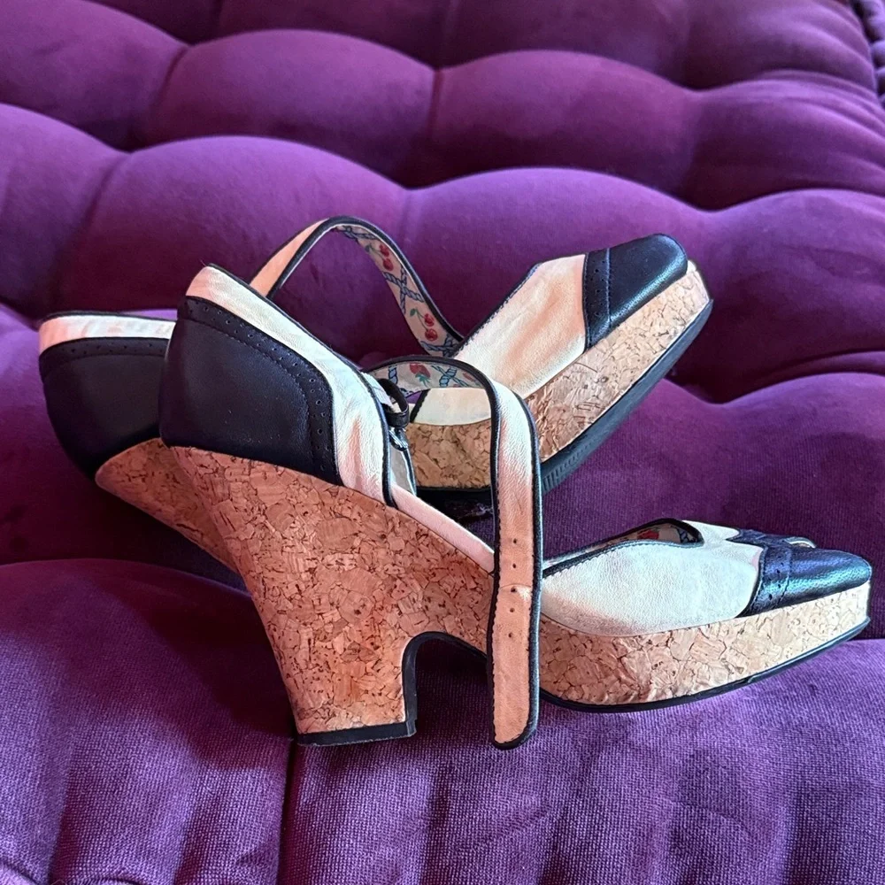 Miss L Fire shoes Elegant Black and Cream Wedge Sandals 9.5